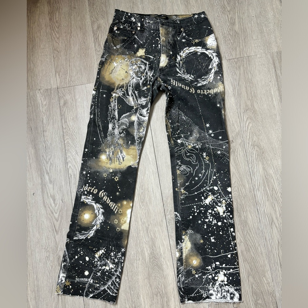 2000s Roberto Cavalli Black and Gold Celestial
Constellation Jeans Size S W26